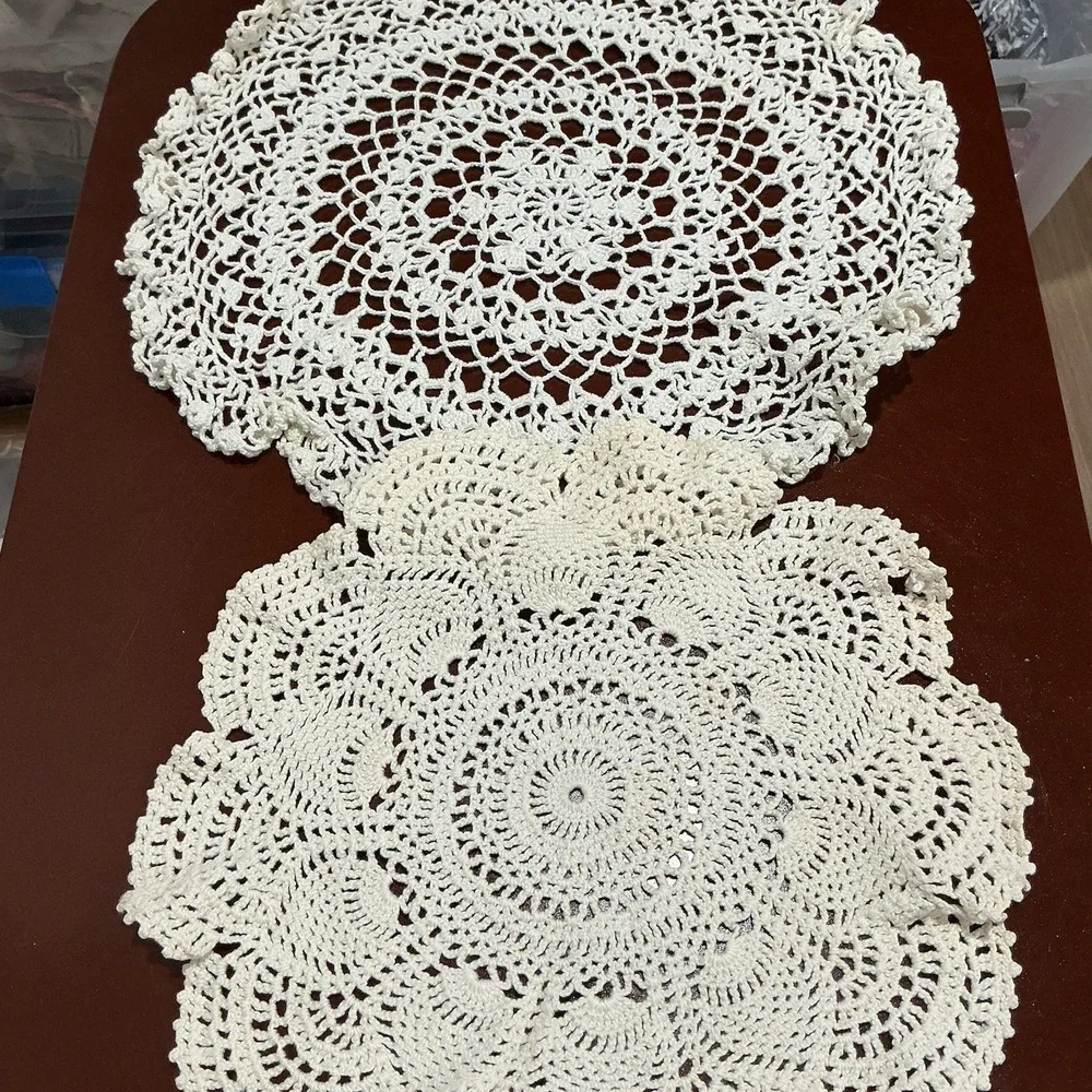 VTG‎ Handmade Crochet Round White Doilies Various Patterns Lot Of 2 Cottagecore